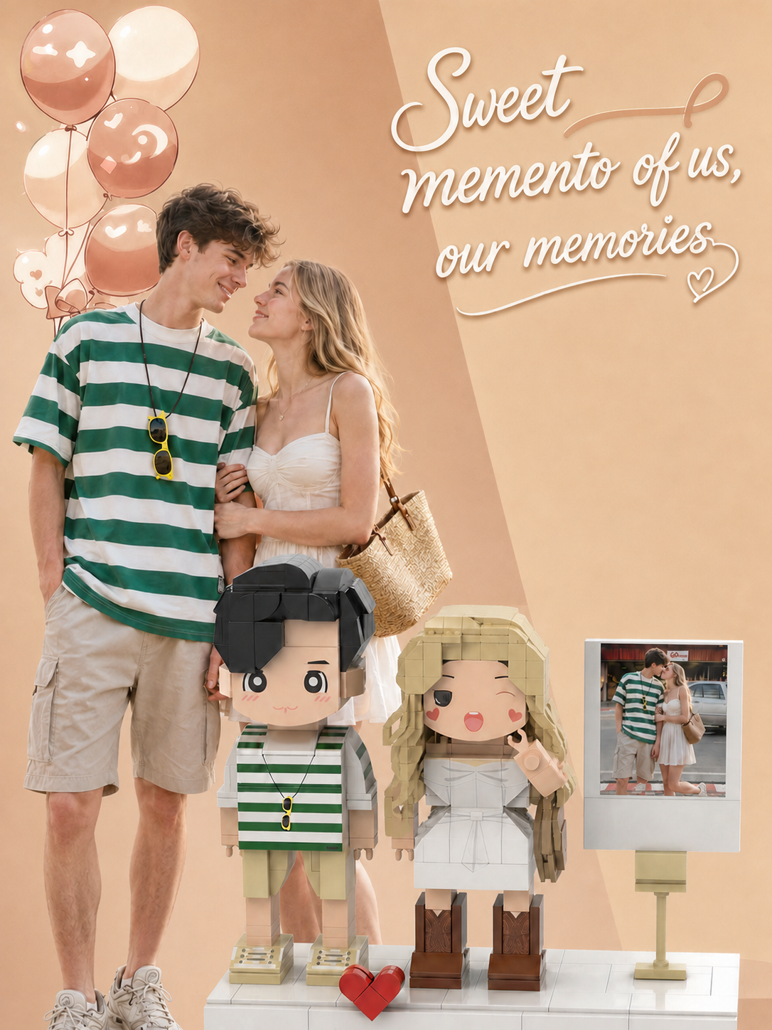 Young couple beside their matching custom brick figures