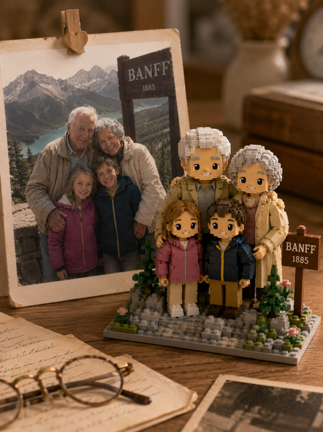 Grandparents and grandchildren at Banff beside their custom brick family scene