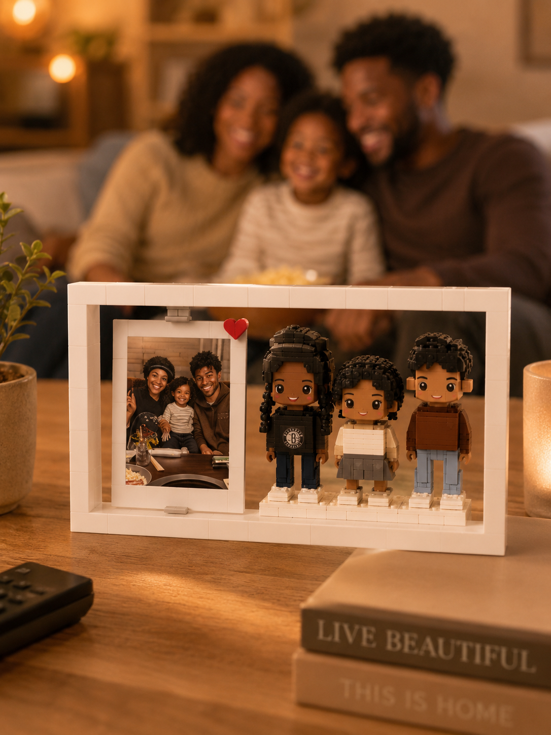 Family beside their custom brick keepsake on the coffee table