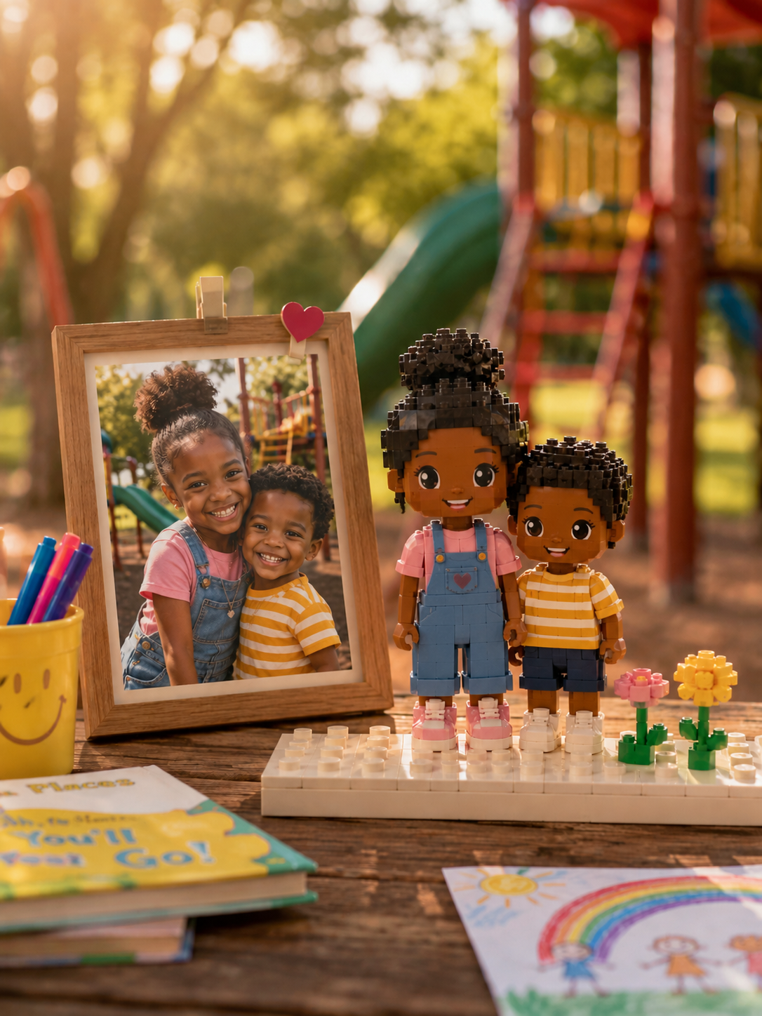 Black children at the playground beside their custom brick figures